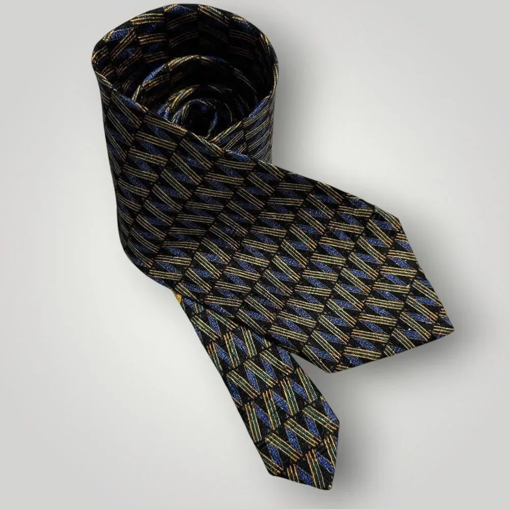ERMENEGILDO ZEGNA TIE Silk Tie Geometric Necktie Blue/Black Made in Italy